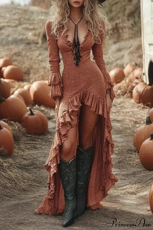 Ethnic Retro Solid Ruffle Boho Dress