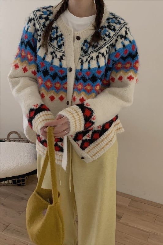 Vintage Fair Isle Jacquard Colorblock Knit Cardigan