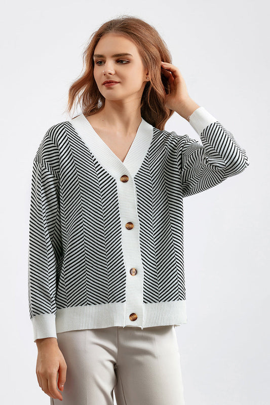Striped V-Neck Buttoned Knit Sweater