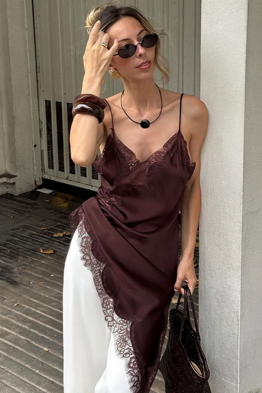 Lace Trim Patchwork Low Cut Asymmetrical Slit Cami Top