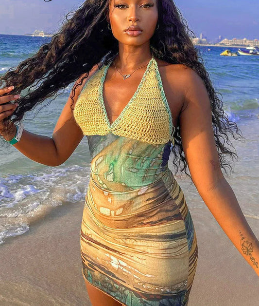 Tie-Dye Lace-Up Halter Mini Dress