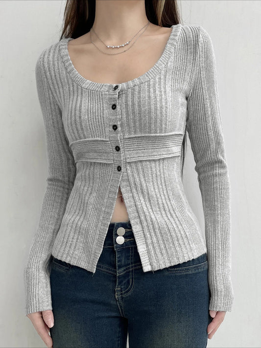 Sweet Solid Split Square Collar Long Sleeve Knit Top