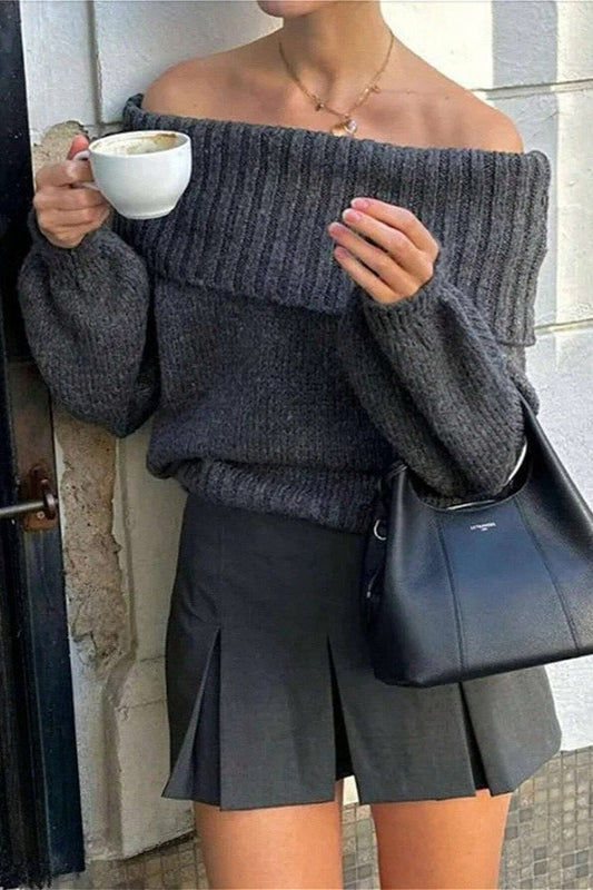 Vintage Off-Shoulder Fitted Long Sleeve Sweater