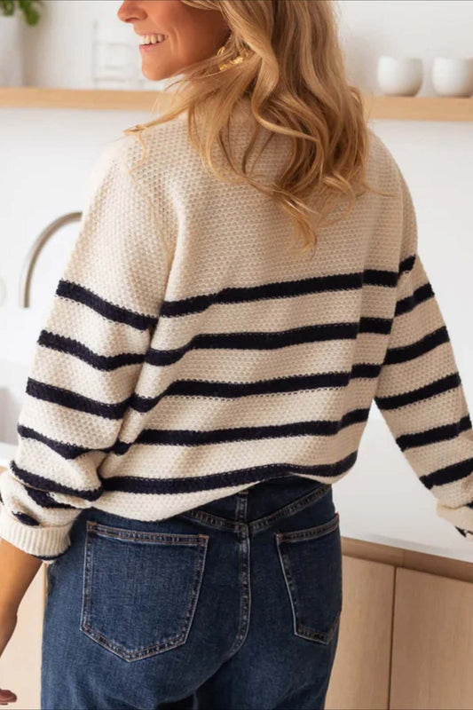 Button Front Stripe Knit Pullover Bloshope