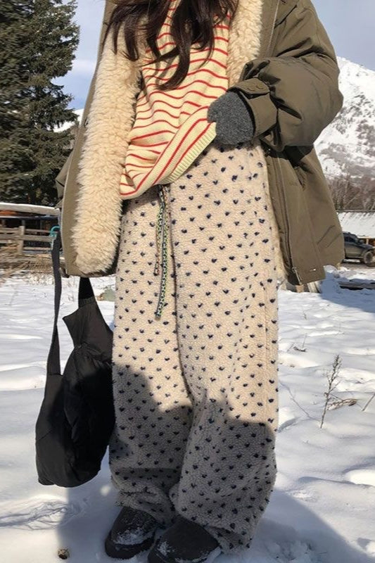 Warm Thickened Polka Dot Fleece Drawcord Pants