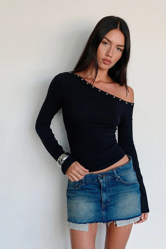 Studded One Shoulder Ruched T-shirt