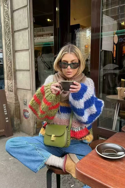 Rainbow Stripe Versatile Crewneck Long Sleeve Chic Knit Sweater