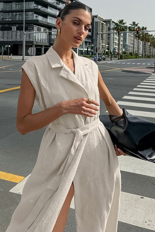 Linen Cotton High Waist Slit Tie Maxi Dress