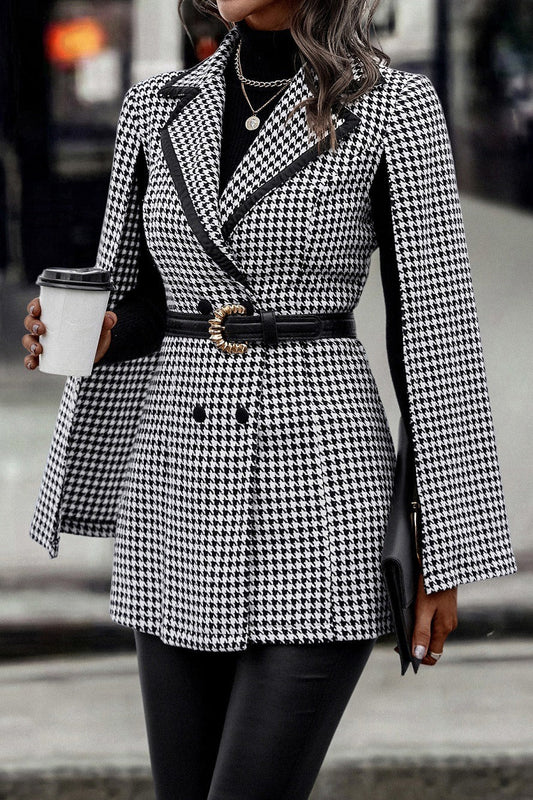 Tweed-style Houndstooth Split Long Sleeve Chic Blazer