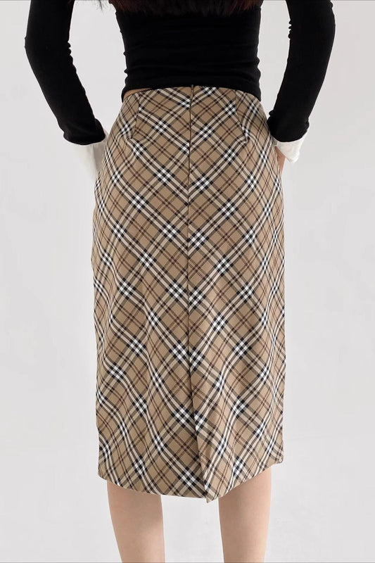 Lace Trimmed Plaid Bodycon Skirt