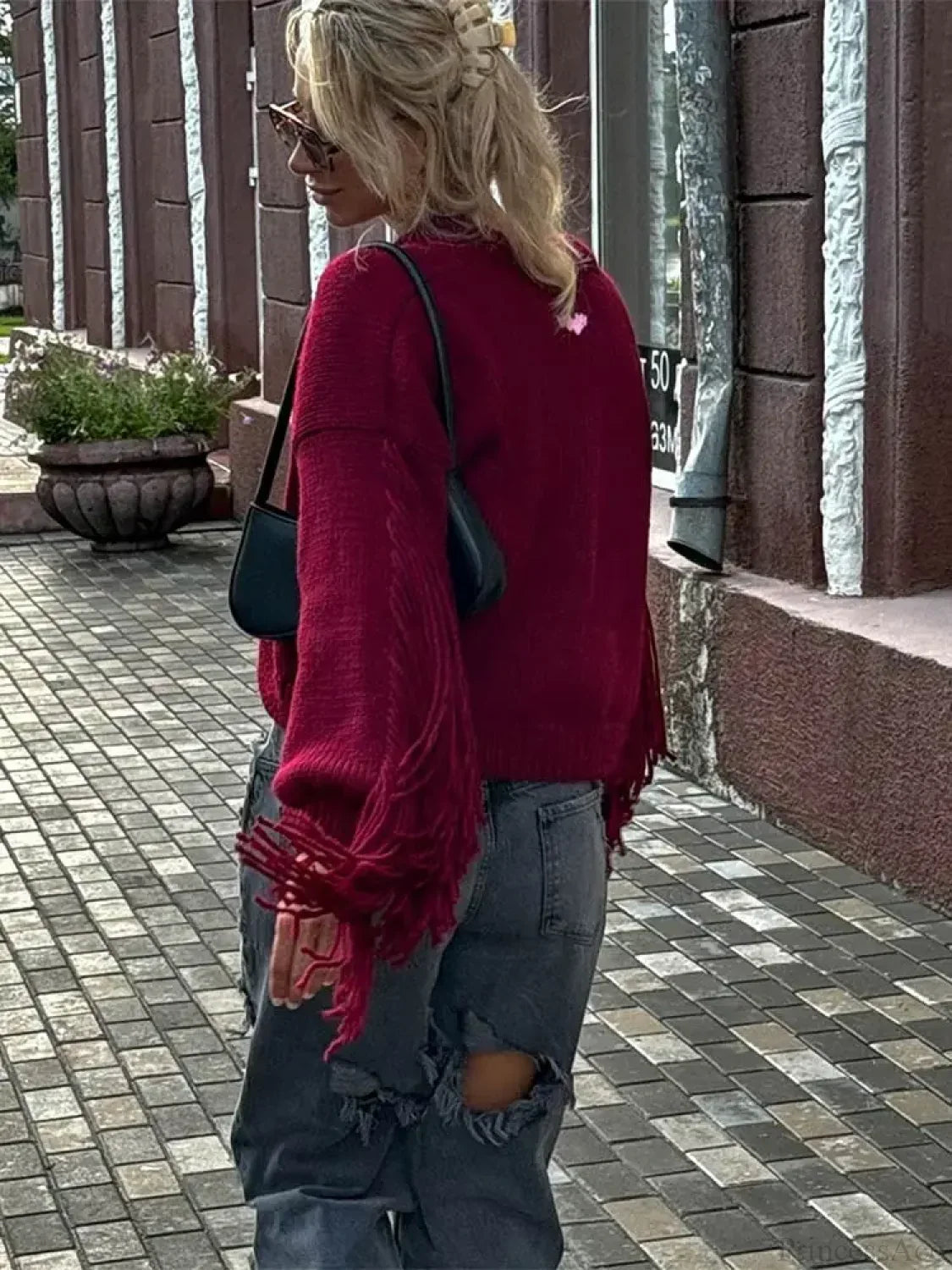 Fashion Tassels Patchwork Wine Red Knitted Cardigan Christmas Sweater Sweaters-L