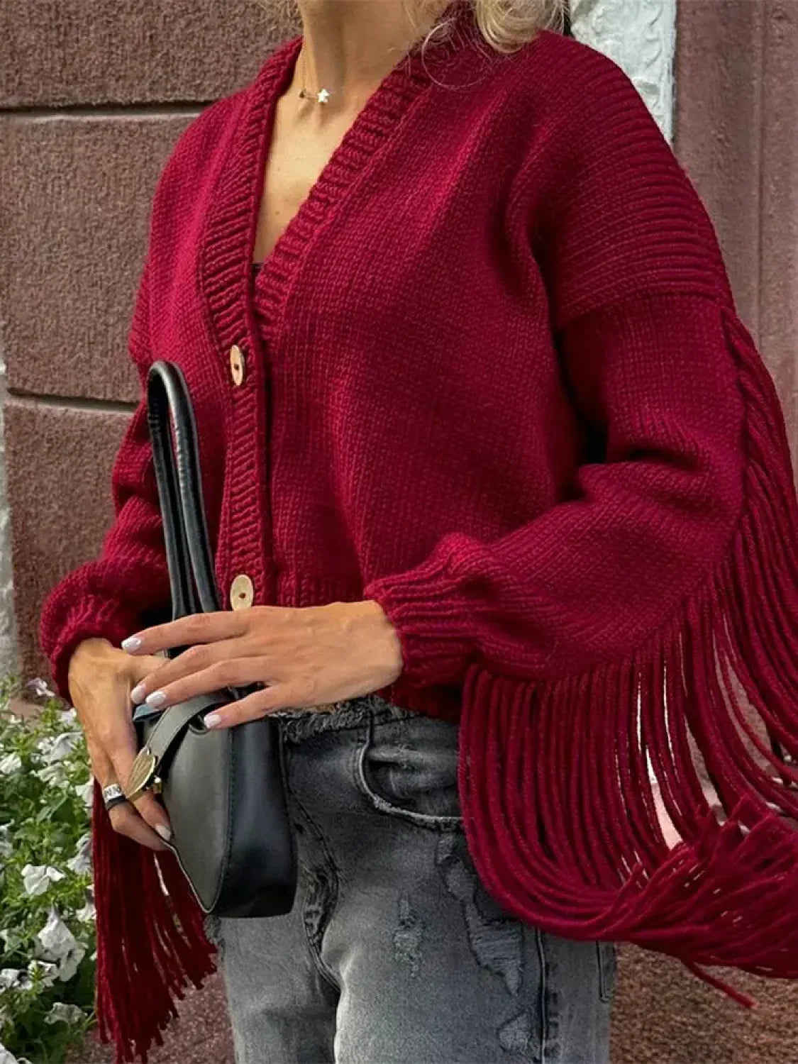 Fashion Tassels Patchwork Wine Red Knitted Cardigan Christmas Sweater Sweaters-L