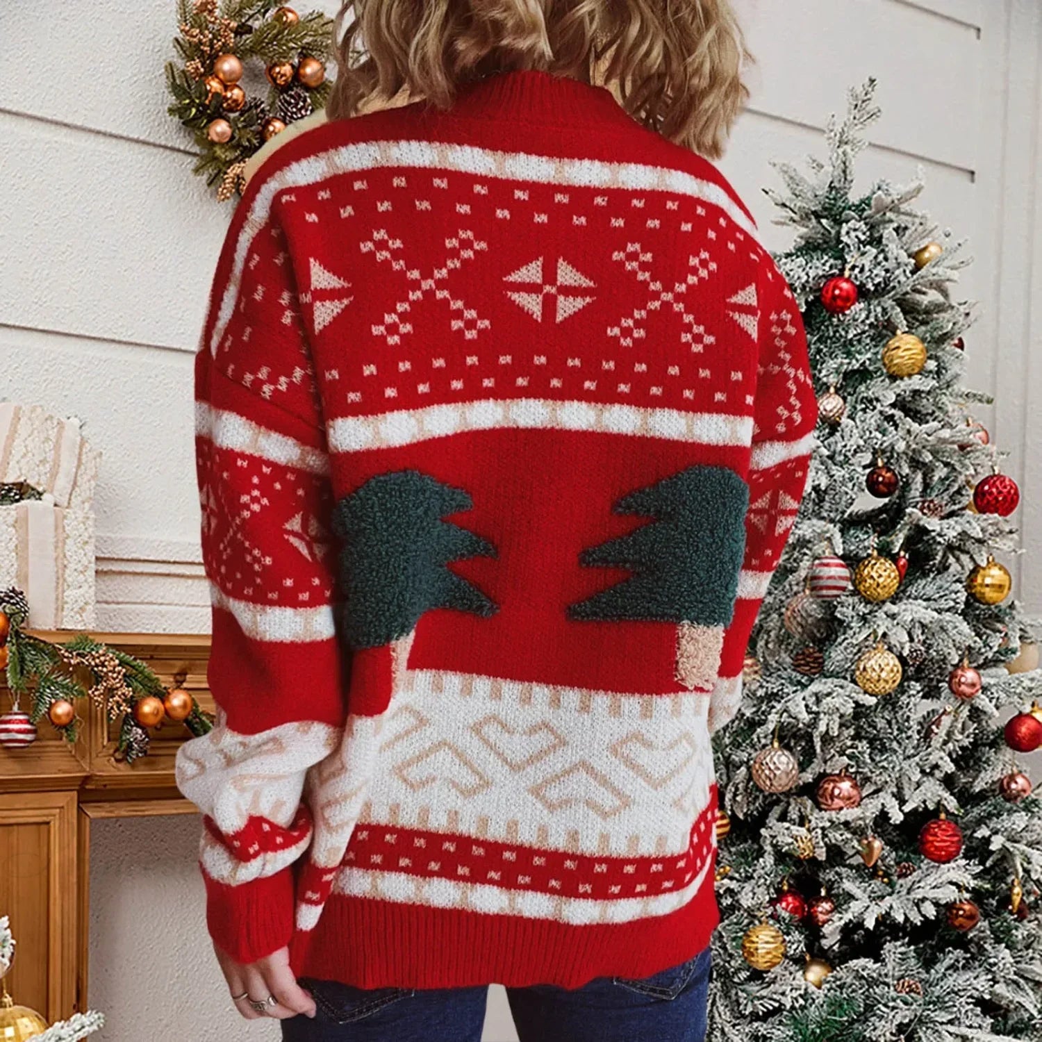 Fashion Tree Embroidery Casual Loose Retro Green Christmas Sweater Sweaters-L