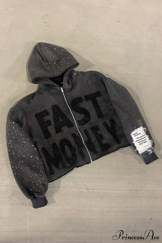 Fast Letter Embroidery Crystal Zip Hoodie