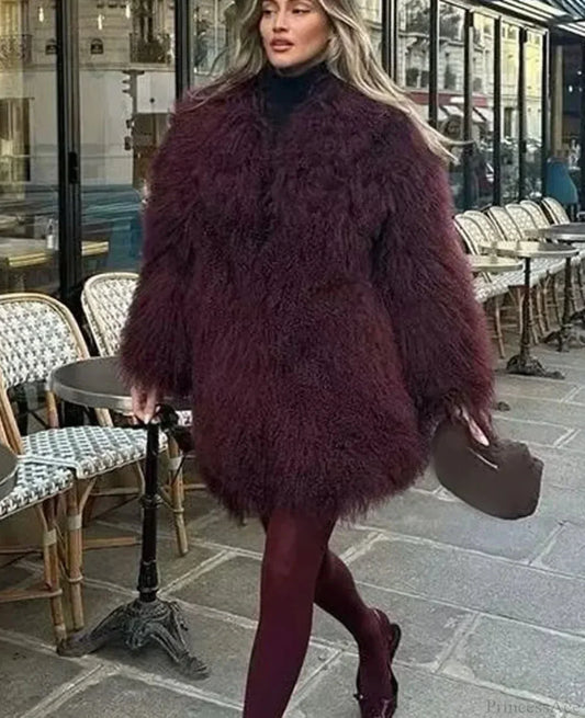 Faux Fur Loose Long Sleeve Coat Wine Red / Xs Coats-241208