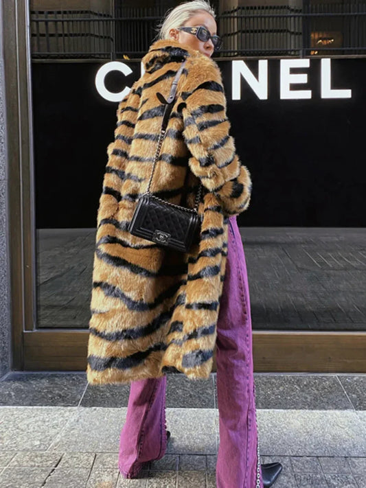 Faux Fur Tiger Striped Loose Overcoat tiger striped / S
