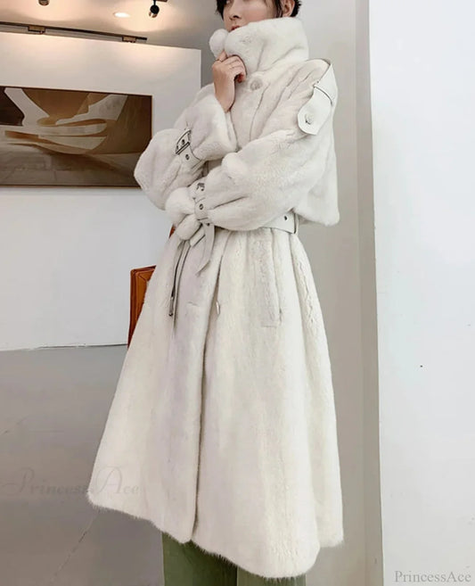 Faux Mink Fur Thick Winter Overcoat Pearl White / S