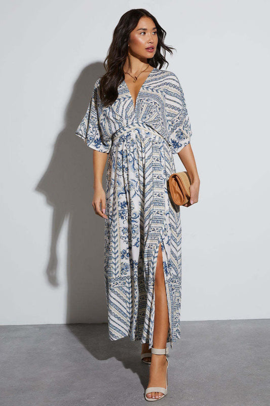 Floral Print V-neck Short Sleeve Maxi Dress