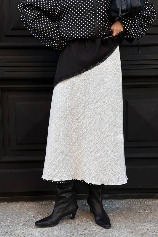 Sheer-Panel Straight Midi Skirt
