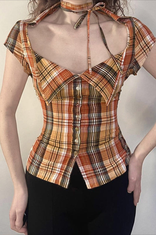 Plaid Fitted Waist Tie Neck Short Button Front Bloshope