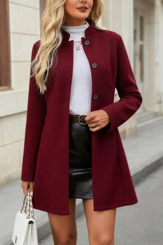 Elegant Stand Collar Buttoned A-Line Slim Long Sleeve  Overcoat