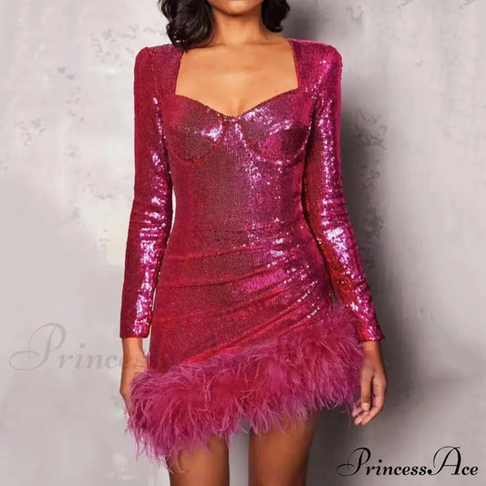Feather Sequin Square Collar Party Dress