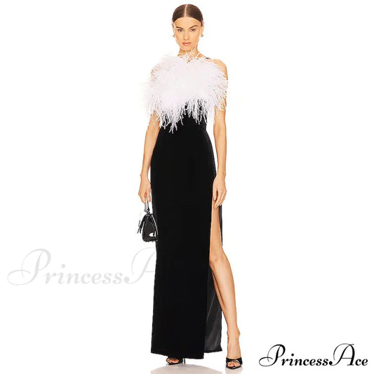 Feather Split Maxi Party Dress