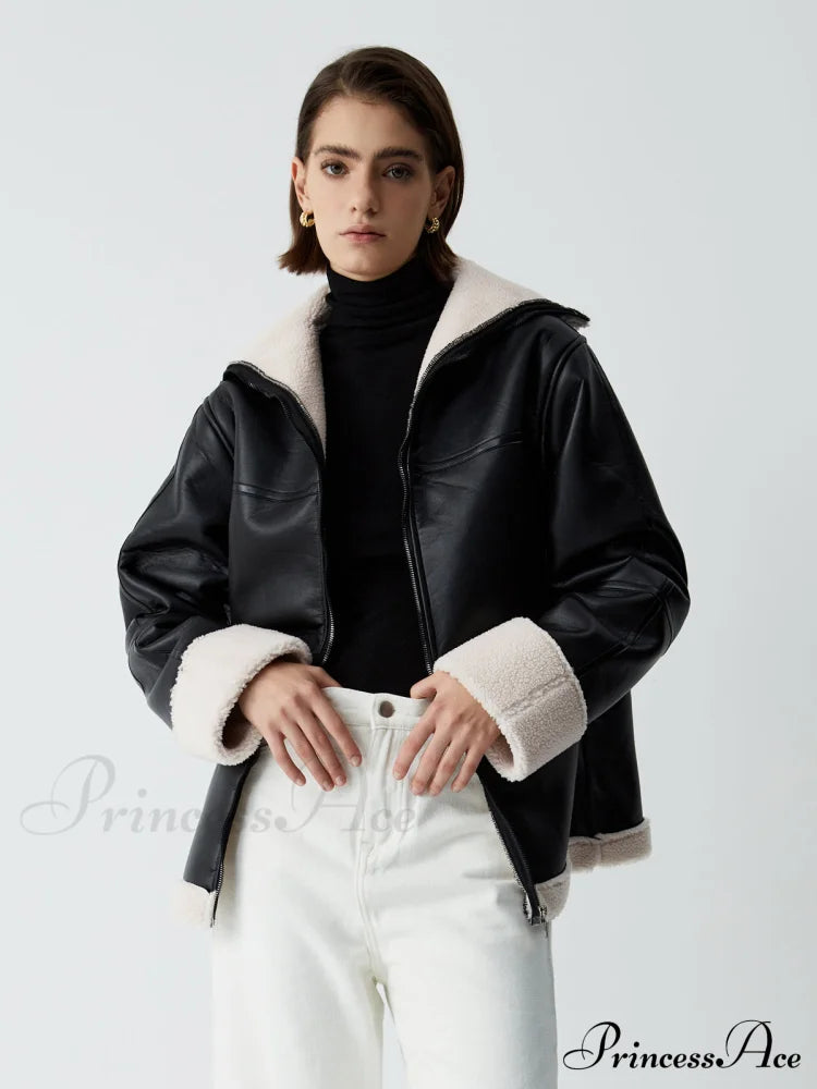 First Choice Sherpa Lined Modern Shearling Leather Flight Jacket Black / S Fleece Jackets