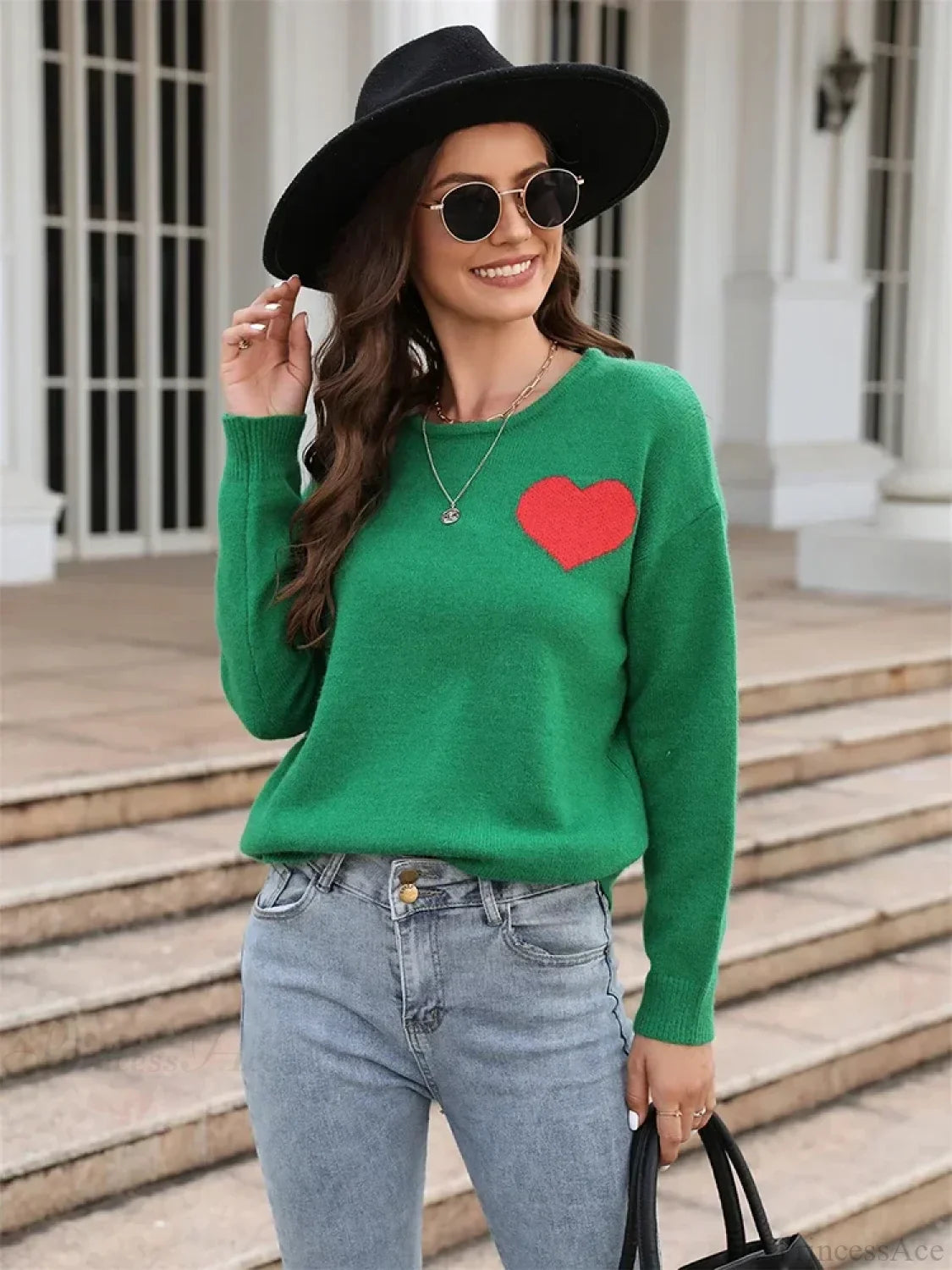 Fitshinling Heart Basic Autumn Winter Long Sleeve Cozy Green Christmas Sweater Sweaters-L