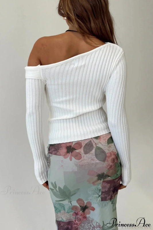 Fitted French Off-Shoulder Collar Rib-Knit Top