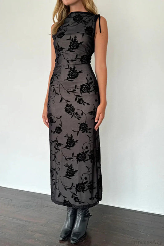 Flocked Mesh Sleeveless Bodycon Maxi Dress