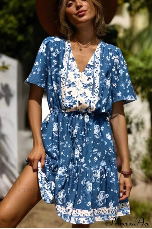 Floral Deep V-neck Tassel Short Sleeve Rayon Vacation Mini Boho Dress