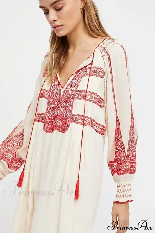 Floral Embroidered Tassel Oversized Cotton Boho Dress