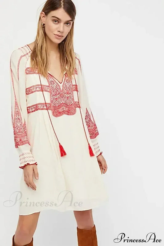 Floral Embroidered Tassel Oversized Cotton Boho Dress