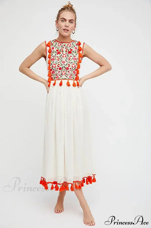 Floral Embroidery Sleeveless Tassel Cotton Boho Dress