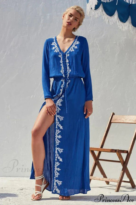 Floral Embroidery Stretch Waist Holiday Maxi Boho Dress