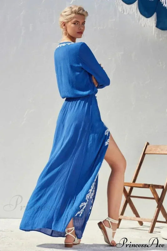 Floral Embroidery Stretch Waist Holiday Maxi Boho Dress