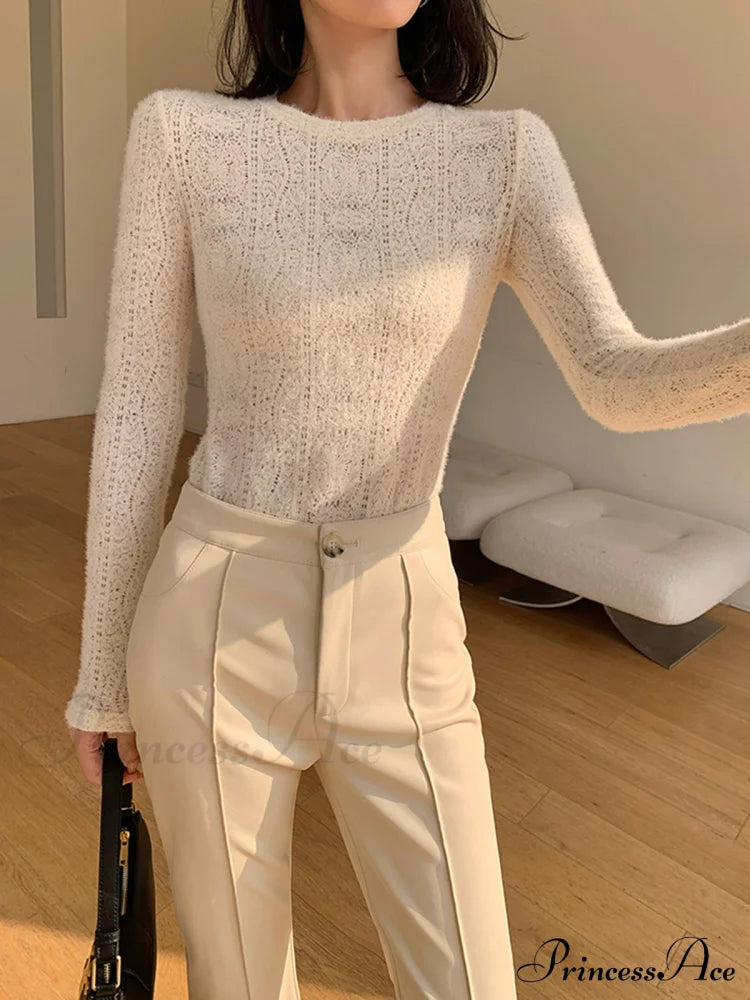 Floral Hollow Knit Crew Modern Neck Long Sleeve Top T-Shirts