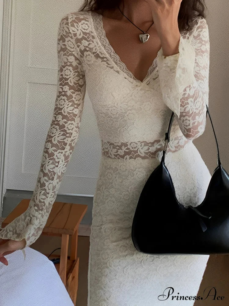 Floral Lace Long Trendy Sleeve Plunge Midi Dress Dresses