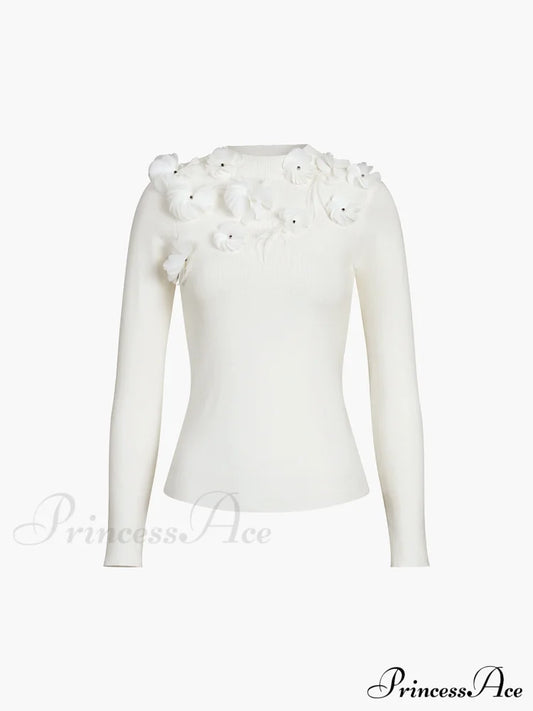 Floral Long Graceful Sleeve Knit Top Sweaters-L