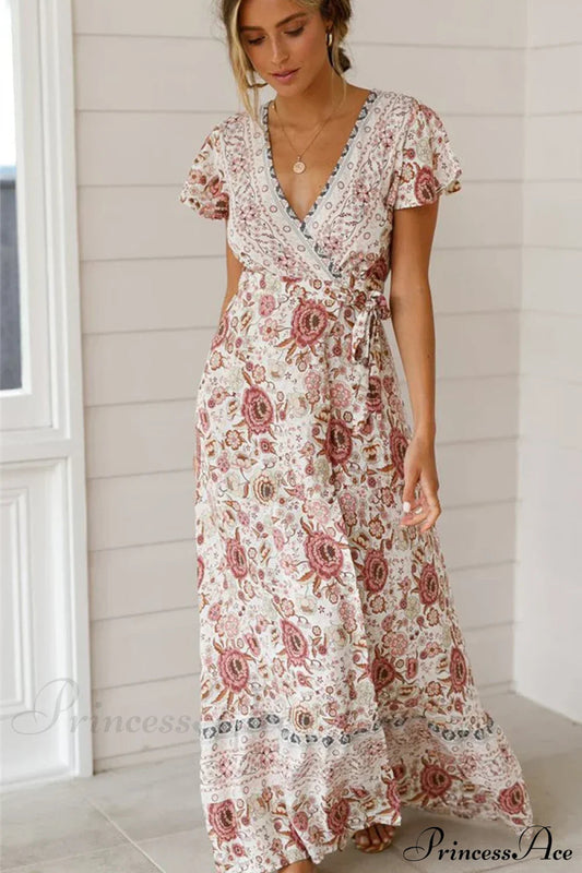 Floral Print Bat Sleeve Wrap V-neck Maxi Boho Dress