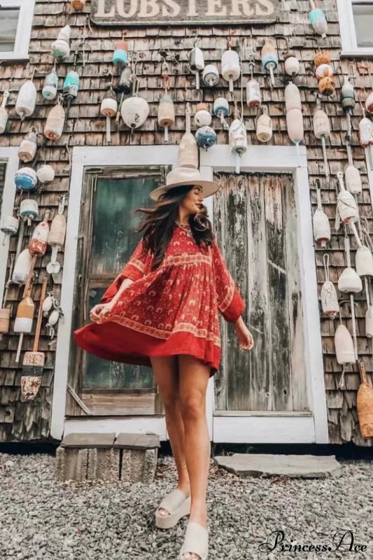 Floral Print Batwing Sleeve O-neck Summer Boho Dress