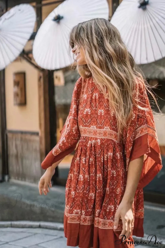 Floral Print Batwing Sleeve O-neck Summer Boho Dress
