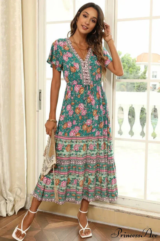 Floral Print Button Rayon Vacation Maxi Boho Dress