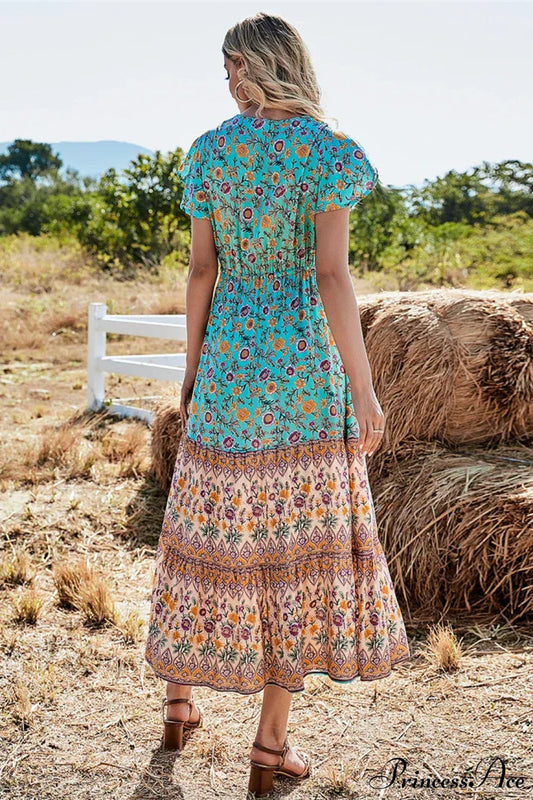 Floral Print Button V-neck Pleated Rayon Beach Maxi Boho Dress