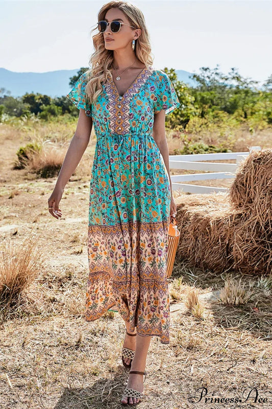 Floral Print Button V-neck Pleated Rayon Beach Maxi Boho Dress