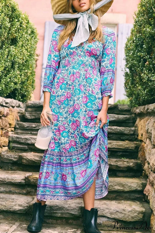 Floral Print Cross V-neck Button Summer Boho Dress