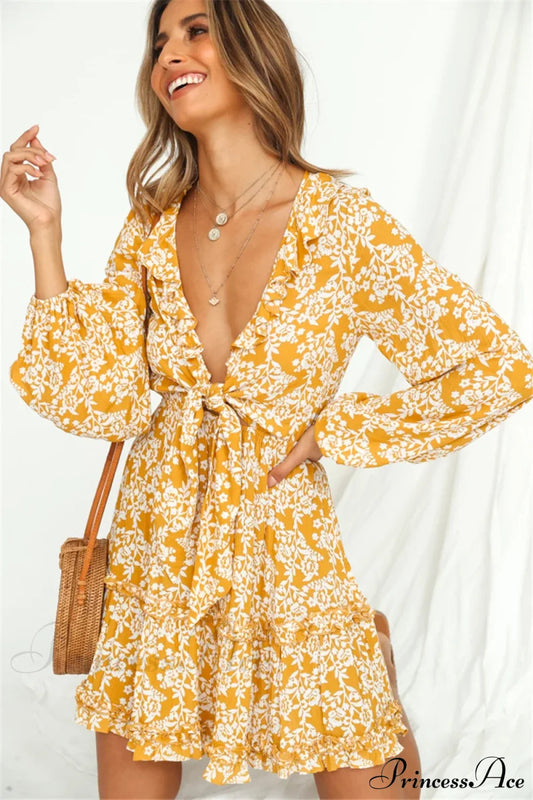 Floral Print Deep V-neck Ruffles Long Sleeve Mini Boho Dress