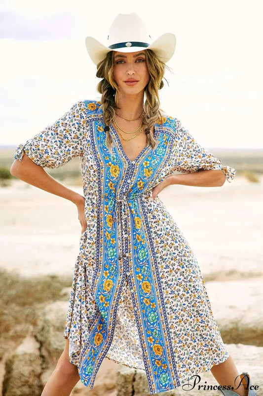 Floral Print Half Sleeve Loose Belt V-neck Vacation Midi Boho Dress