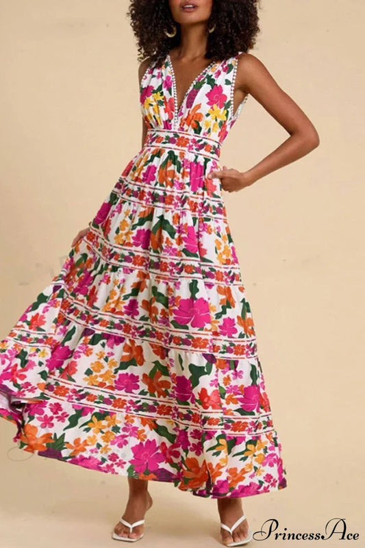 Floral Print High Waist Bohemian Beach Dress